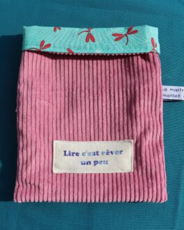 Pochette à livres velours côtelé rose libellules
