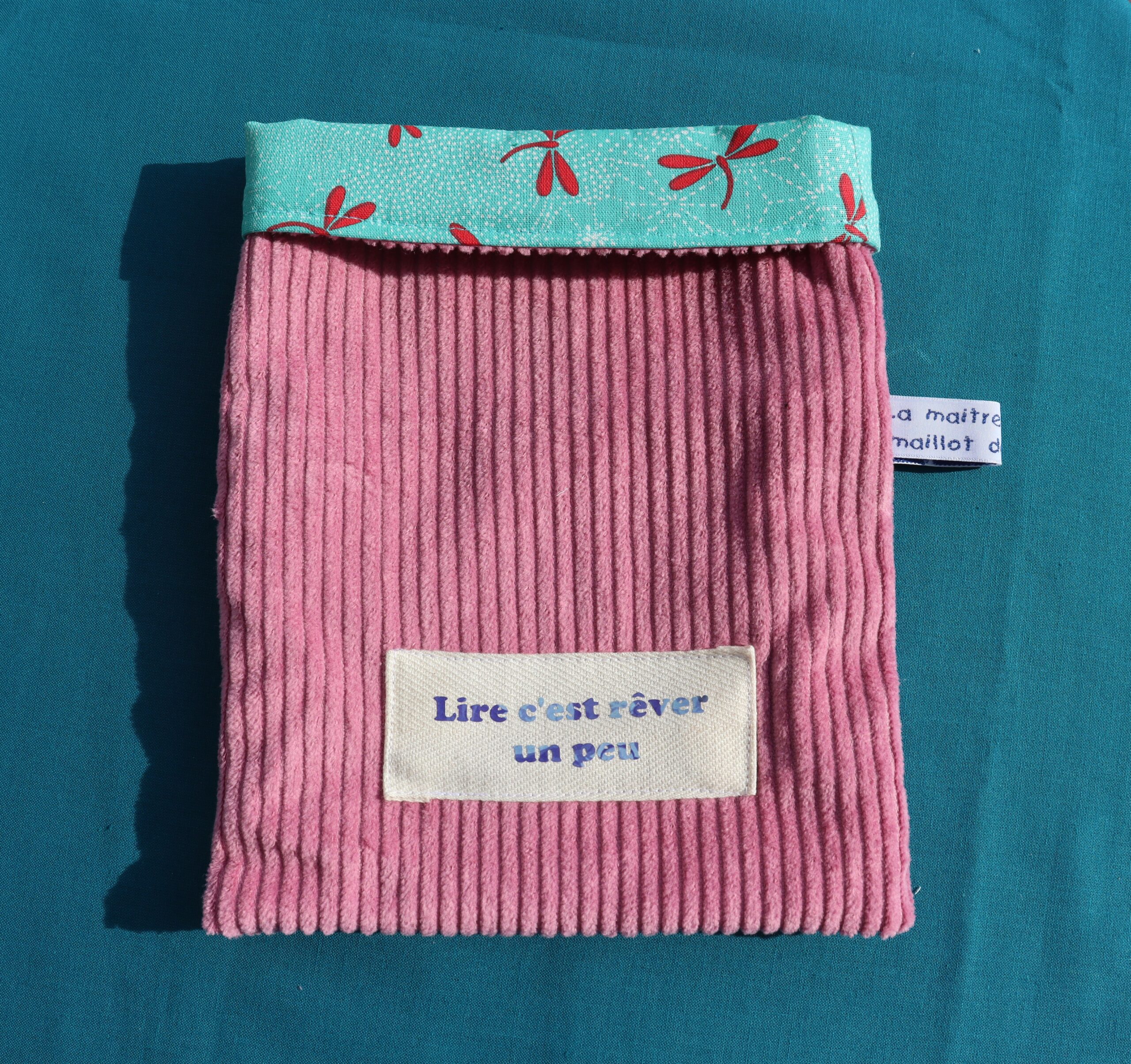 Pochette à livres velours côtelé rose libellules